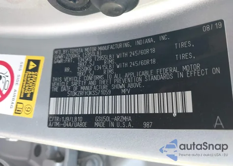 2019 Toyota Highlander Xle из США, поврежденный, VIN 5TDKZRFH3KS571059